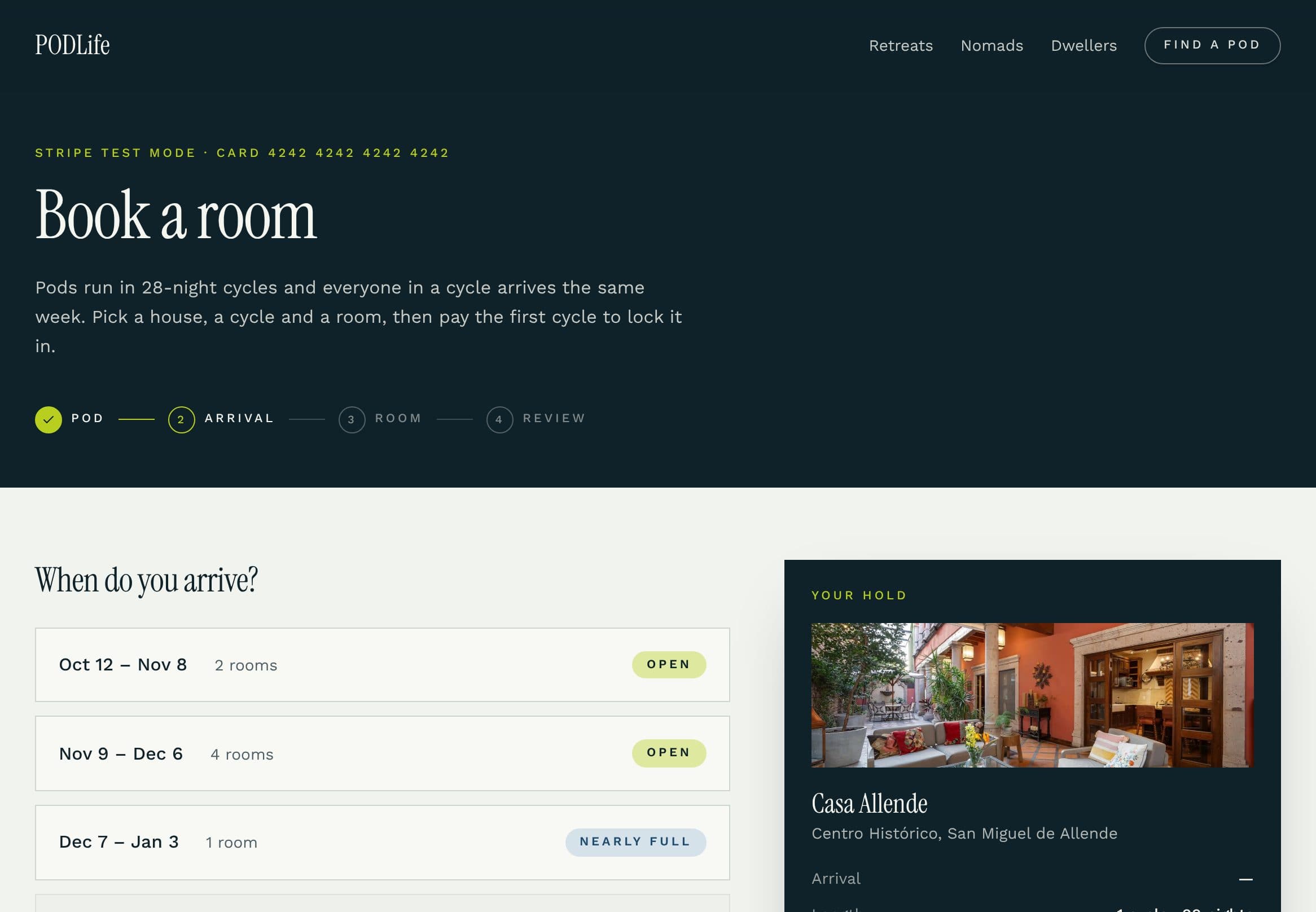PODLife booking page: a four-step stepper, arrival weeks with rooms left and status badges, and a running summary of the hold